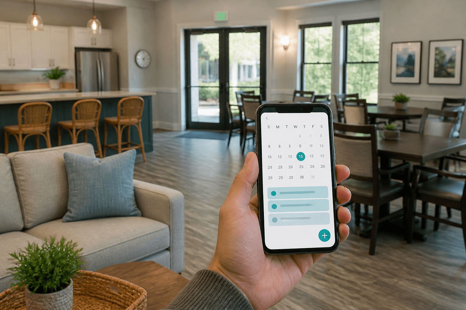 Community clubhouse interior with a phone showing an online room reservation calendar