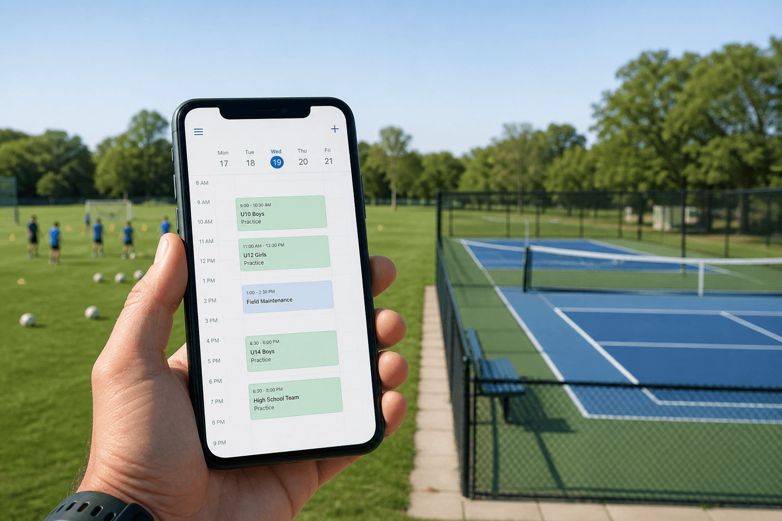 Sports practice field and court with a phone showing coach and team practice scheduling software calendar