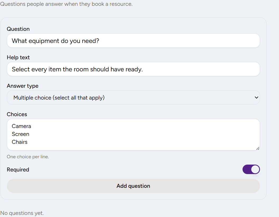 HoldATime Booking questions page with a question ready to add to the organization bank