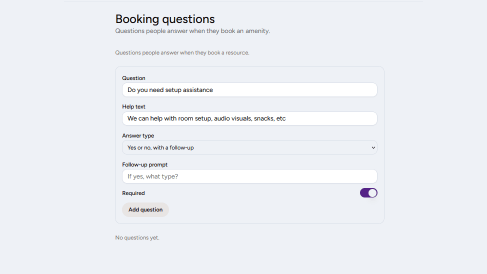HoldATime Booking questions page with a yes-or-no question and follow-up prompt ready to add