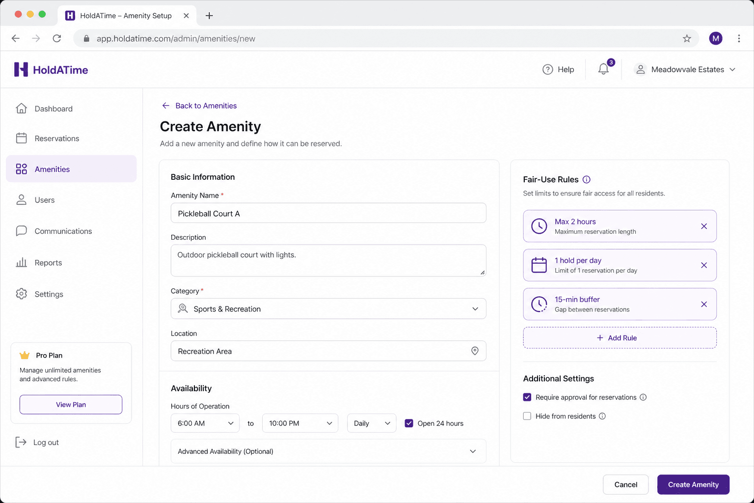 HoldATime amenity setup where admins can add a booking fee after connecting Stripe