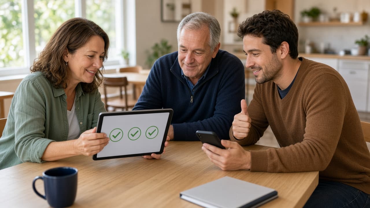 Three community volunteers reviewing a reservation together, with three approval checks on a tablet