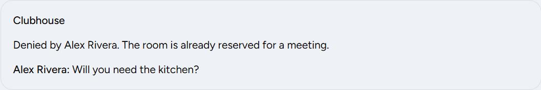 HoldATime reservation waiting on approval group members, with a deny reason visible