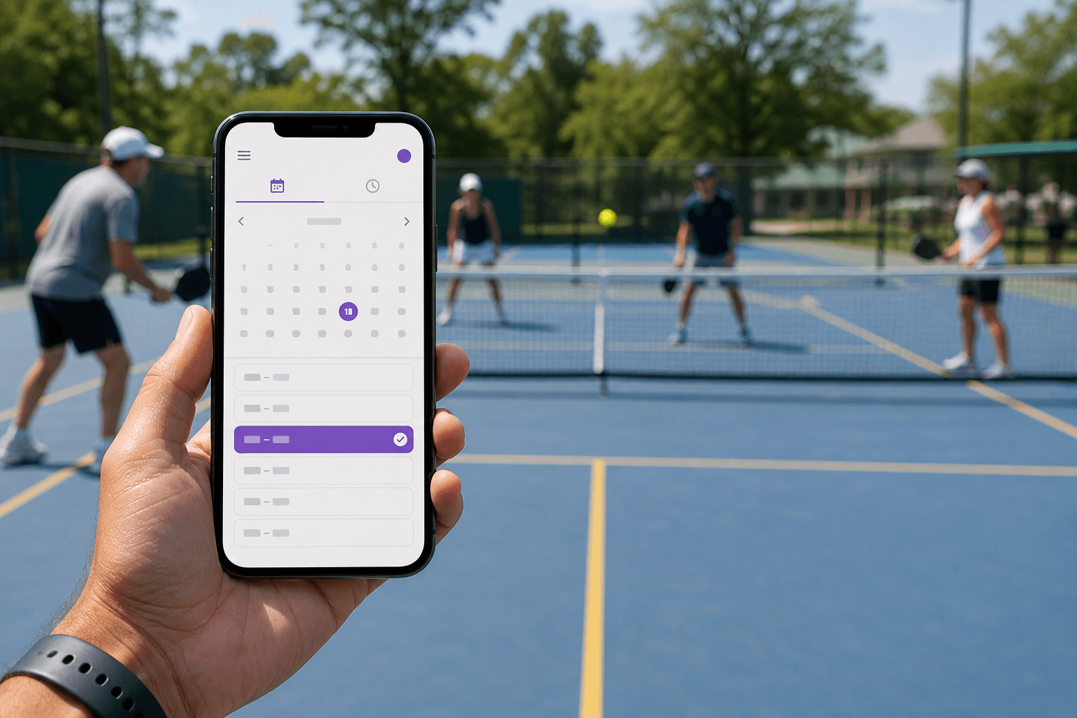Pickleball court with a posted reservation QR code