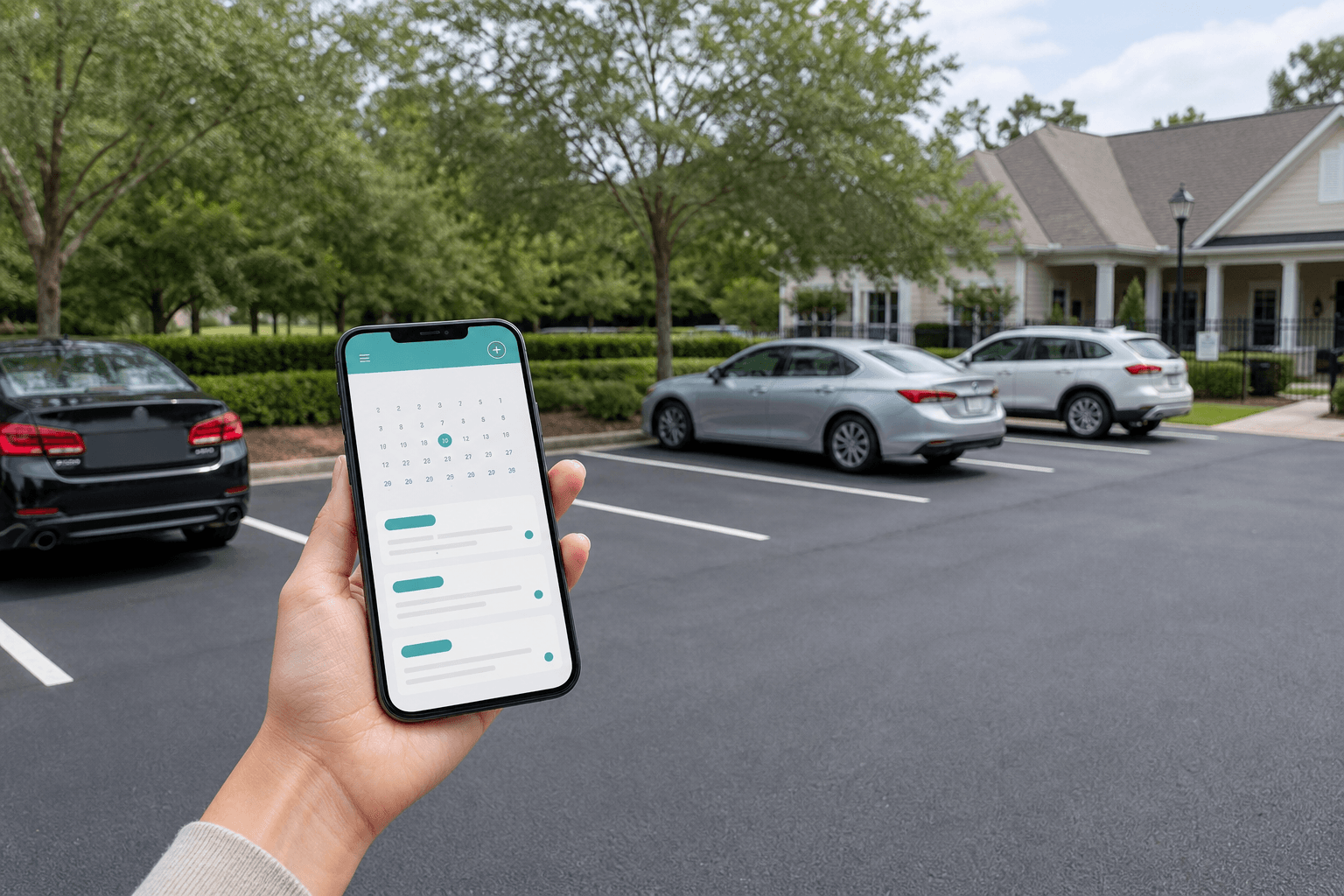 Community parking lot with a phone showing an online parking reservation calendar