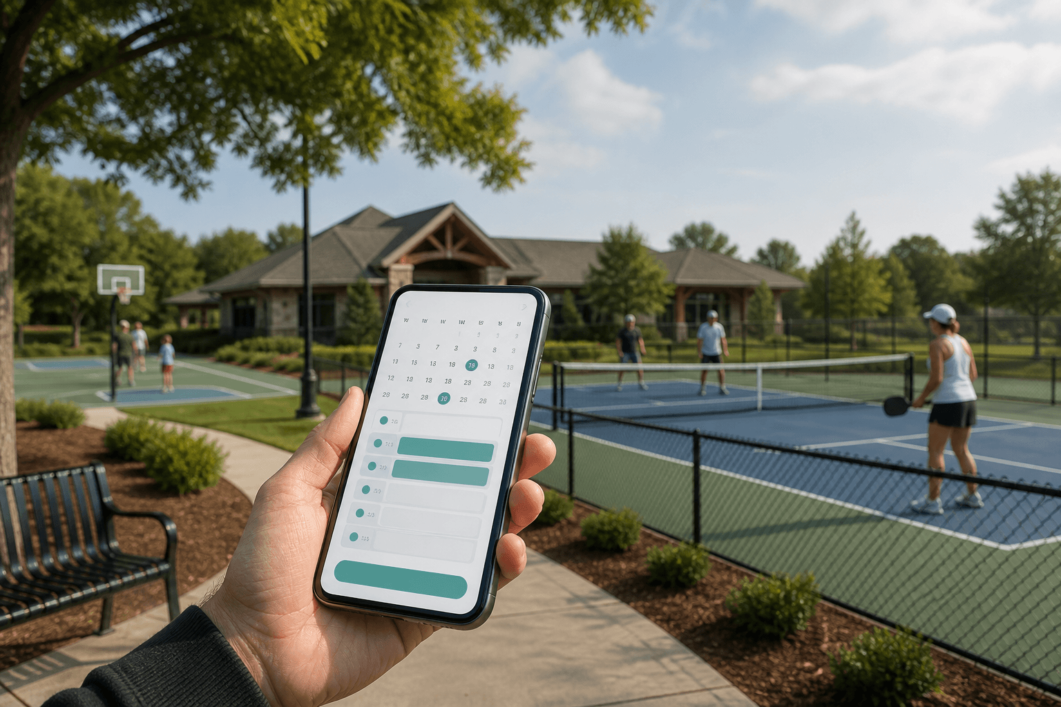 Community sports courts and field with a phone showing an online reservation calendar