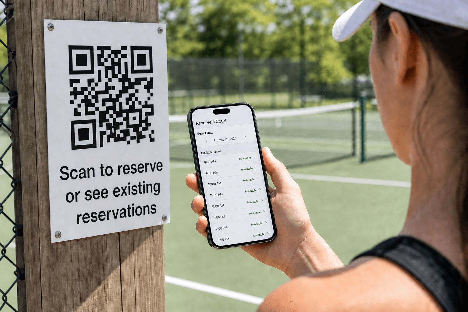 Person scanning a QR poster at a tennis court; phone shows available court times