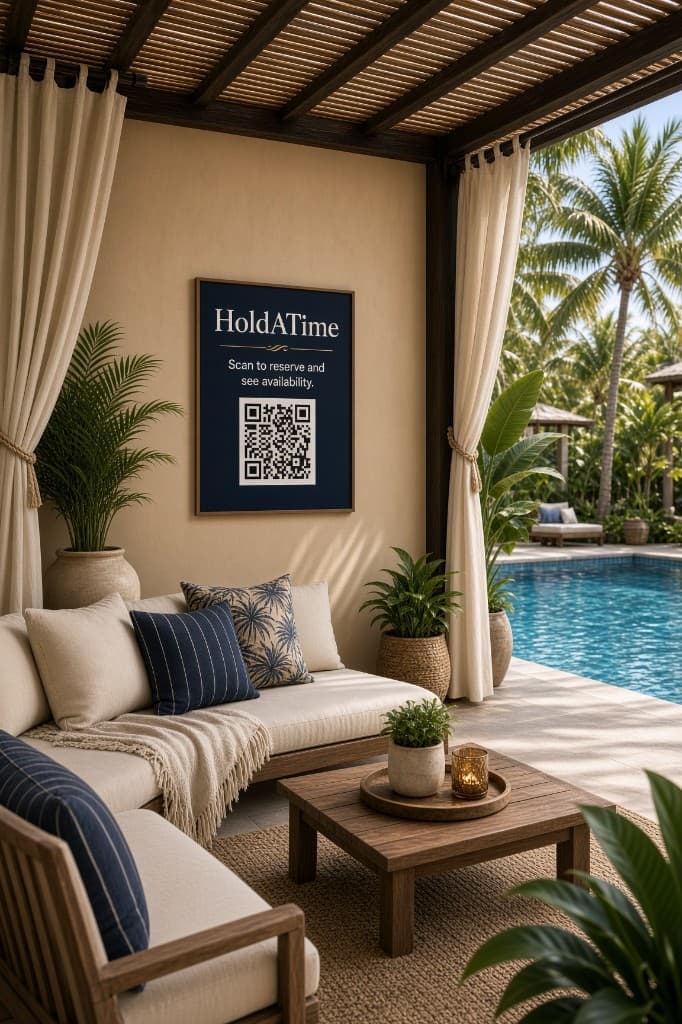 Pool cabana with a HoldATime QR poster for room reservations