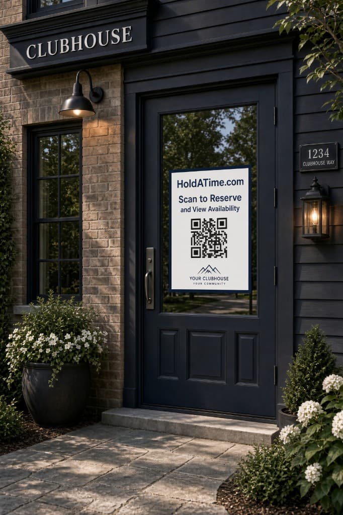 Clubhouse door with a HoldATime QR poster to reserve and view availability
