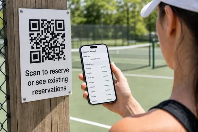 Tennis court QR poster next to a phone showing open reservation times