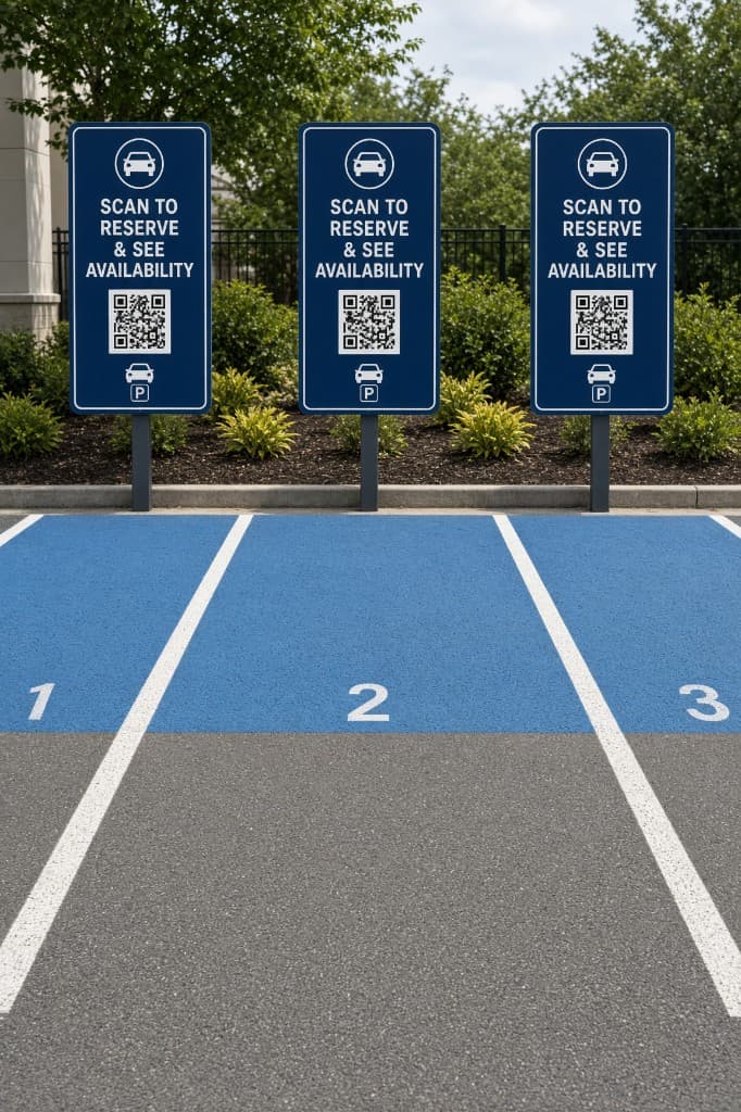 Numbered parking stalls with QR signs for reserving a space
