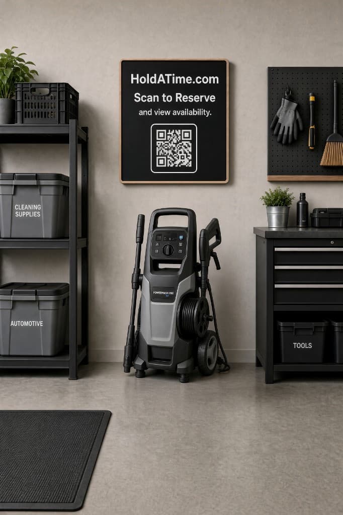 Pressure washer stored under a HoldATime QR poster for checkout