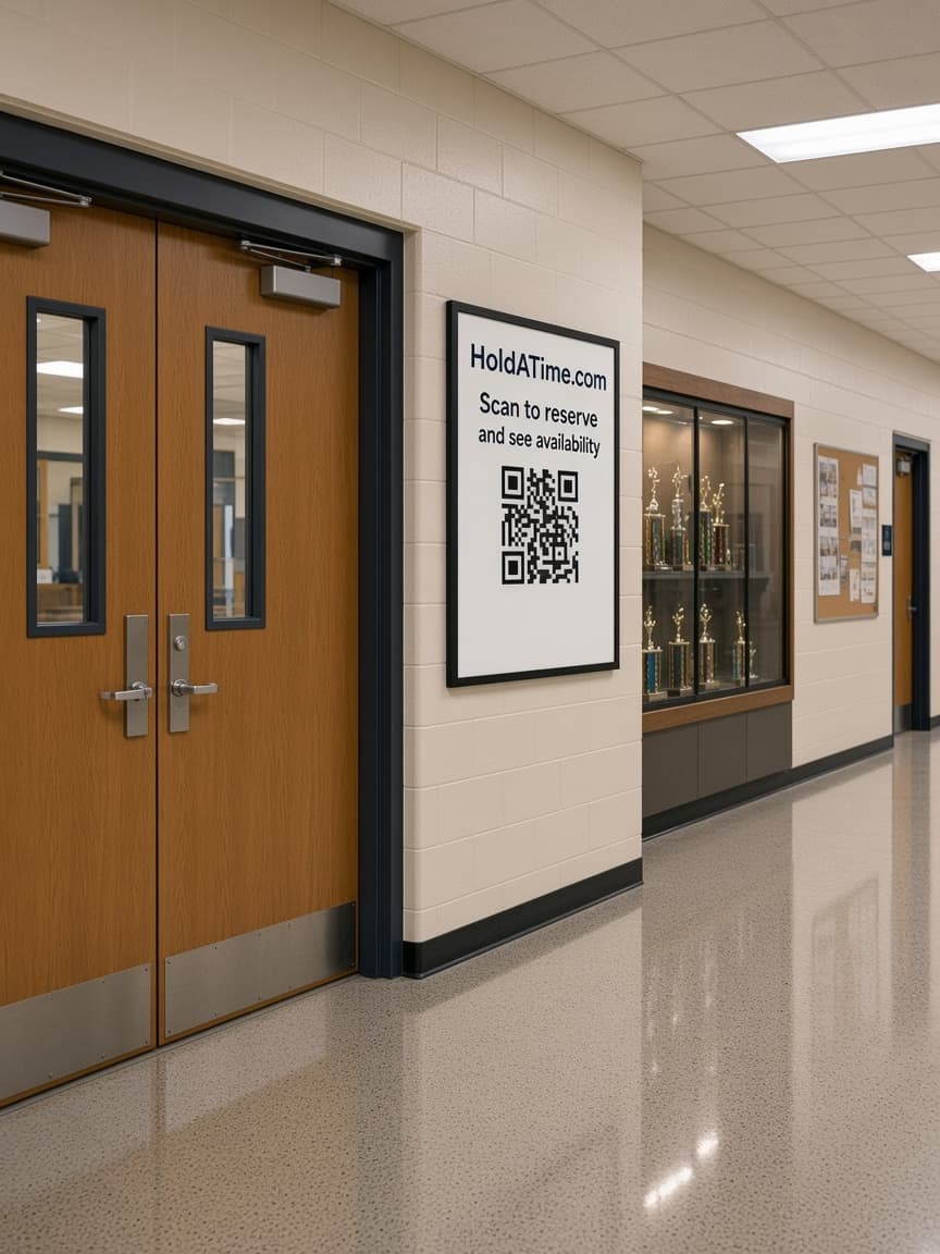 School gym hallway with a HoldATime QR poster to reserve and see availability